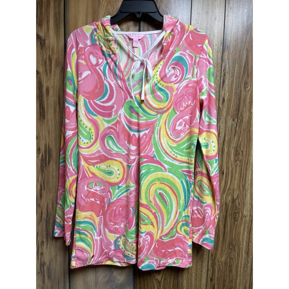 Lilly Pulitzer Womens Swim Suit Cover Up Pink Flamingo S Hood Terrycloth Paisley